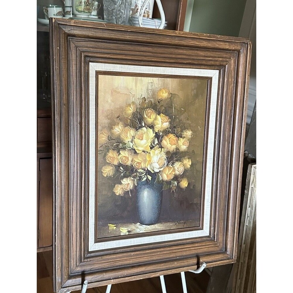 Original Framed Oil Painting of Yellow Roses In Blue Vase on Canvas Signed Macy